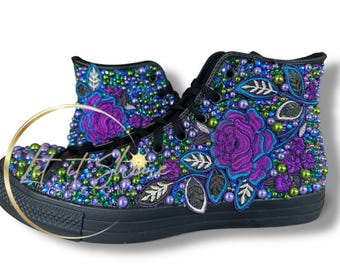 Bling  Converse High Tops, purple green black chuck taylors