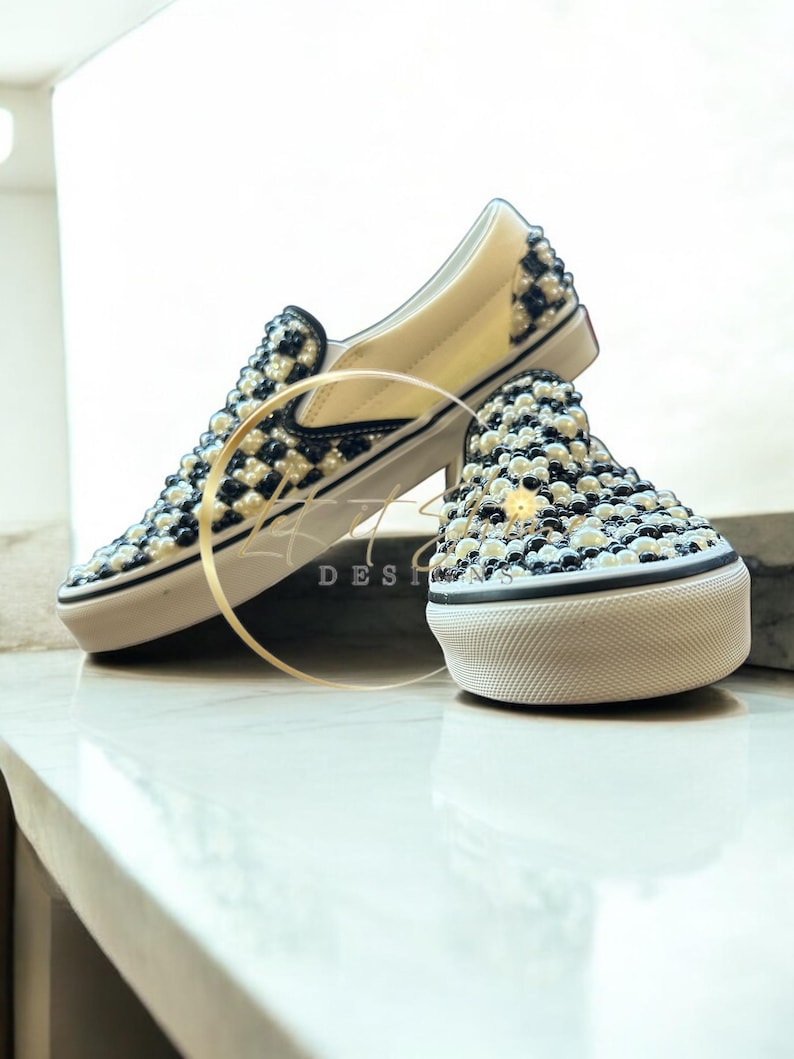 Custom Bling Checkerboard Vans, Rhinestone Pearl Slip-on Sneakers - Etsy