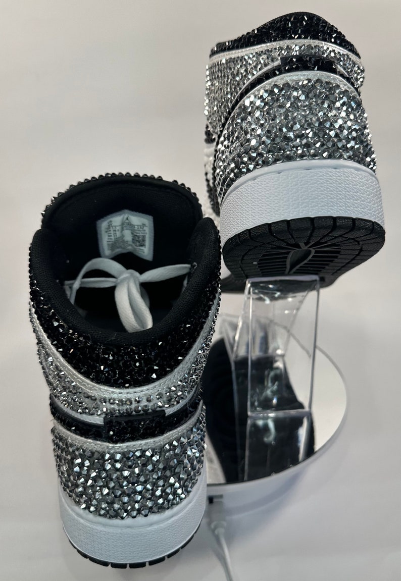 Silver/Black/White Jordan 1 Mids, Bling Rhinestone  bedazzled sneakers, Sneaker Ball, Prom, Formal, Quincenera, wedding sneaker,  groomsmen sneaker, Luxury Nikes, rhinestone shoes, sparkly shoes, custom trainers, Customized Jordans