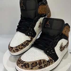 leopard print Jordan 1 mids with rhinestones, Bling Nikes, bedazzled trainers,  custom sneakers for prom, bat mitzvah, sneaker ball, wedding, birthday, animal print, hand painted