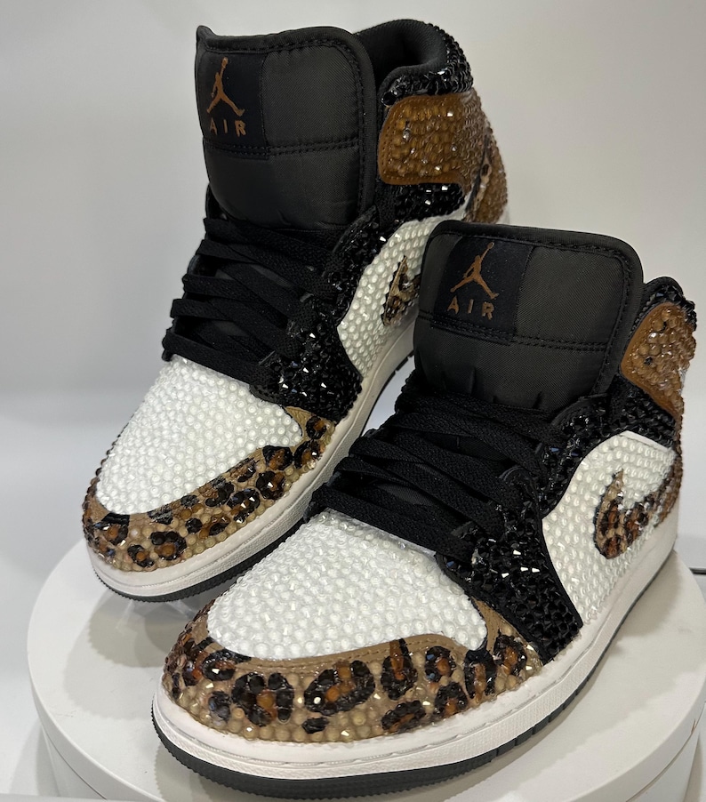 leopard print Jordan 1 mids with rhinestones, Bling Nikes, bedazzled trainers,  custom sneakers for prom, bat mitzvah, sneaker ball, wedding, birthday, animal print, hand painted