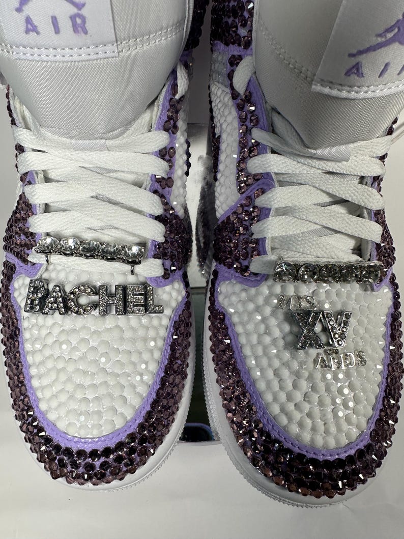 Bedazzled Purple Jordan 1 Mids Custom Rhinestone Sneakers, Bling Nikes, wedding shoes,  prom, sneaker ball, quinceanera