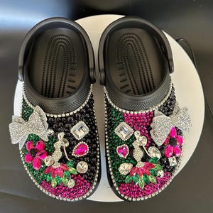 Custom Rhinestone Bling Crocs, pink green, luxury clogs,  birthday , prom, special occasion,  bedazzled footwear, quinceanera,