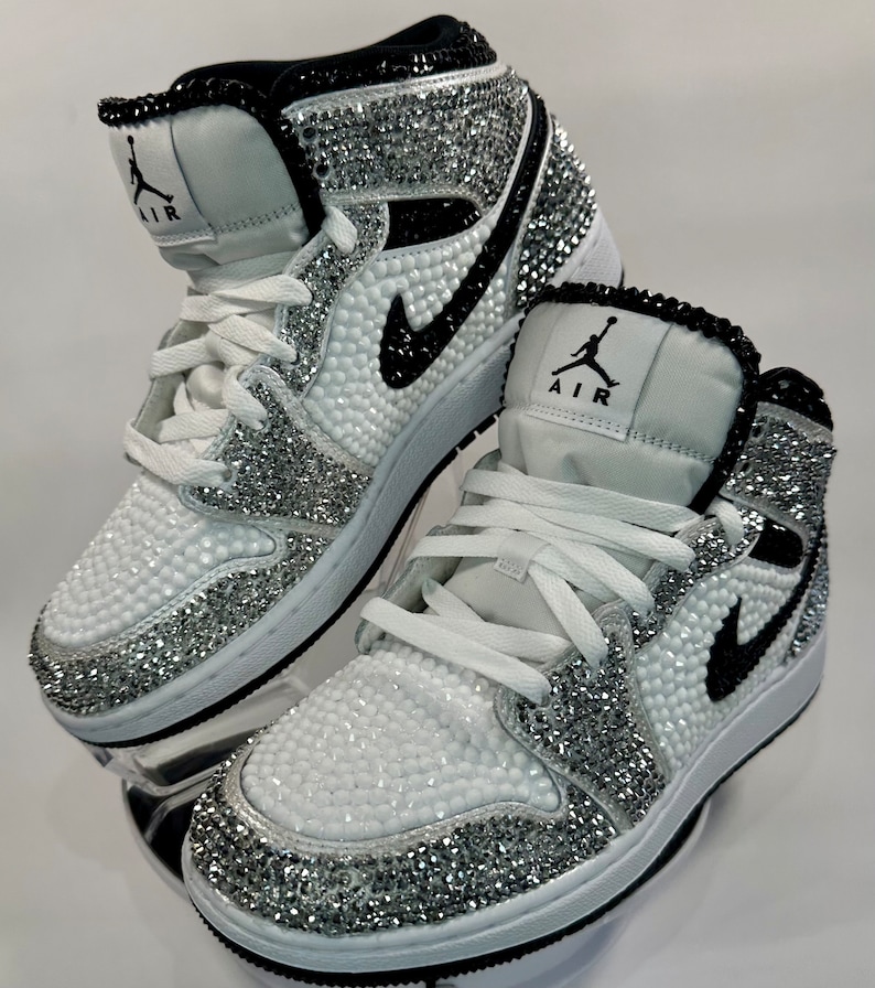 Silver/Black/White Jordan 1 Mids, Bling Rhinestone  bedazzled sneakers, Sneaker Ball, Prom, Formal, Quincenera, wedding sneaker,  groomsmen sneaker, Luxury Nikes, rhinestone shoes, sparkly shoes, custom trainers, Customized Jordans