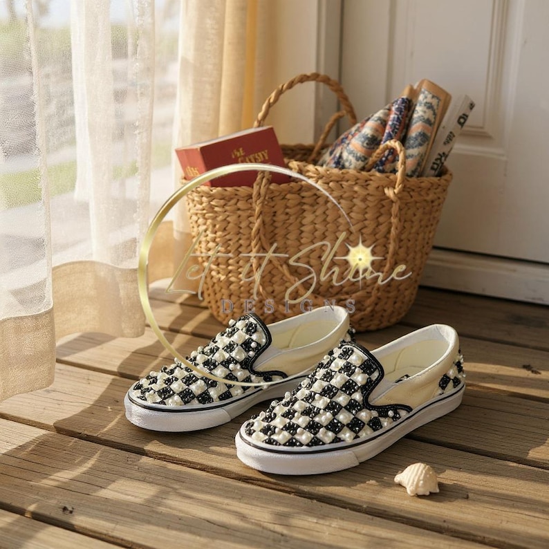 Custom Bling Checkerboard Vans, Rhinestone Pearl Slip-on Sneakers - Etsy