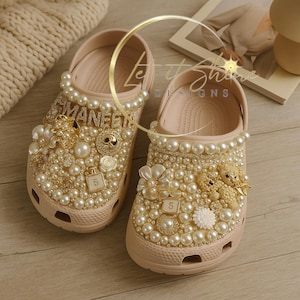 Bling Crocs, Beige Custom Rhinestone luxury clogs, Cinderella crocs, bedazzled footwear