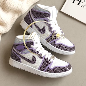 Bedazzled Purple Jordan 1 Mids Custom Rhinestone Sneakers, Bling Nikes, wedding shoes,  prom, sneaker ball, quinceanera