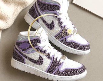 Jordan 1 Mids morados deslumbrantes, zapatillas personalizadas con diamantes de imitación, Nikes brillantes,
