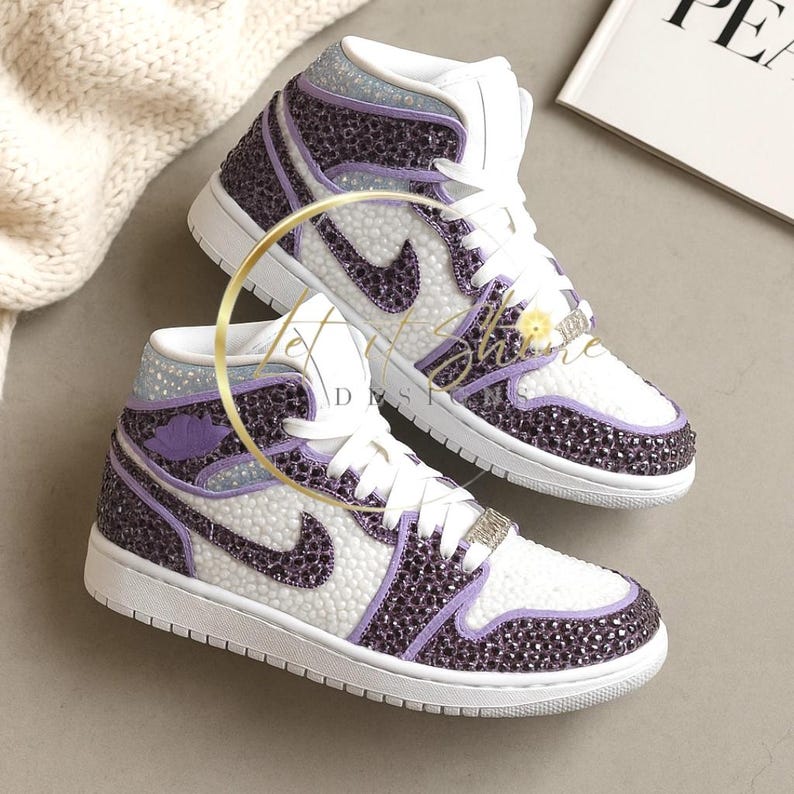 Bedazzled Purple Jordan 1 Mids Custom Rhinestone Sneakers, Bling Nikes, wedding shoes,  prom, sneaker ball, quinceanera