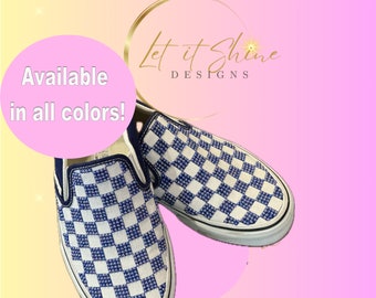 Custom Bling Checkerboard Vans rhinestone pearl sneakers slip on shoes,  birthday idea, luxury footwear bedazzled skater
