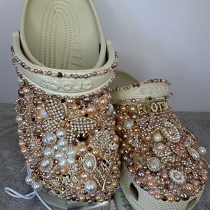 Super Bling Crocs, gold andbeige clogs,  custom rhinestone luxury clogs, Christmas  gift, bedazzled footwear, wedding, prom,  Cinderella cro