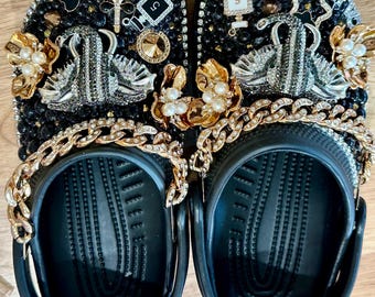 Bling Rhinestone Crocs, Custom Bedazzled Clogs, Black & Silver