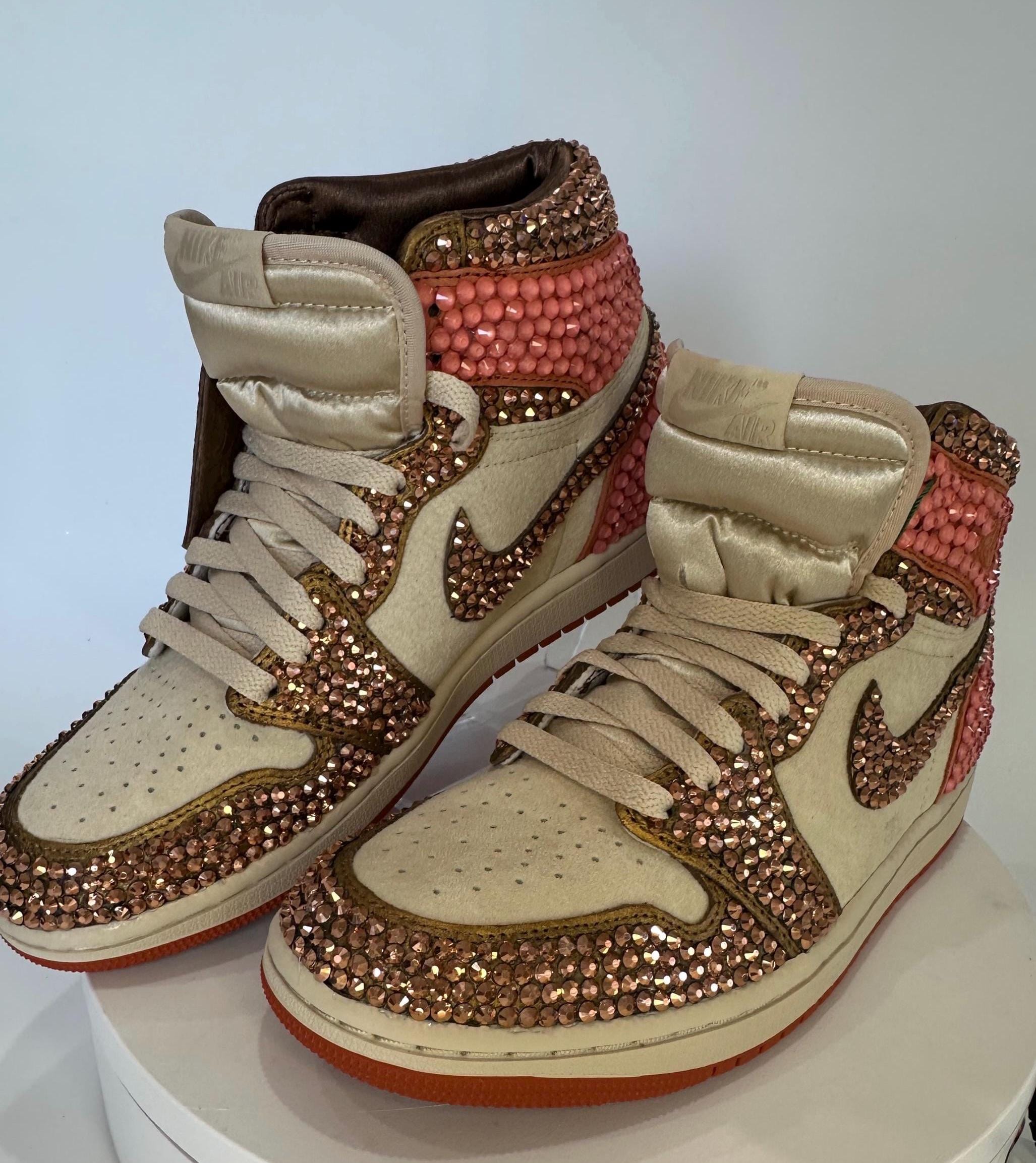 Custom bling Sneakers, Bedazzled Nike Air Jordan 1 High, bronze and cora