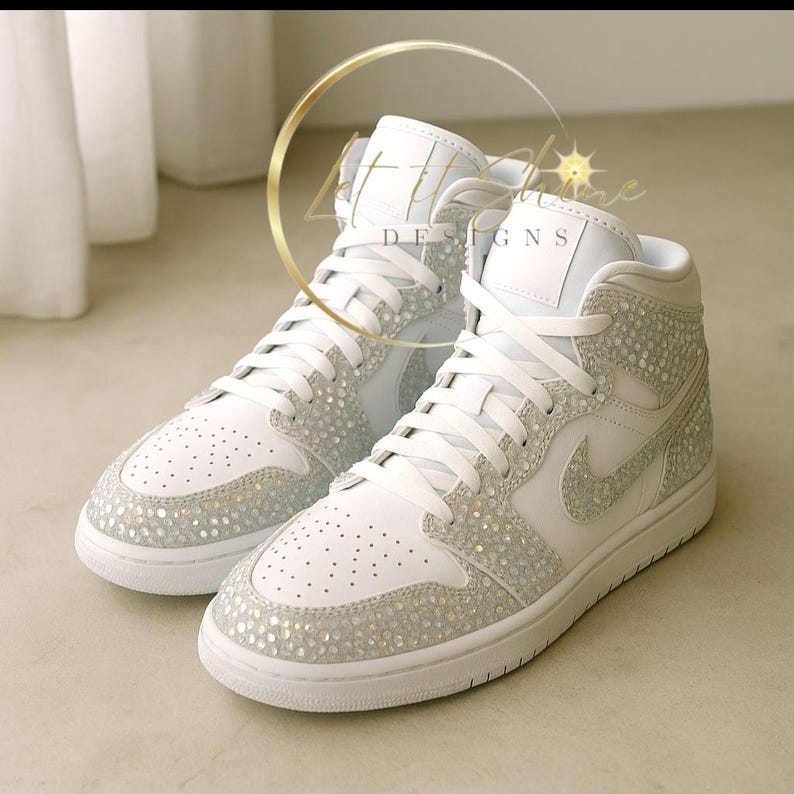 White Bling Wedding Jordans, Bedazzled Bridal shoes, Custom Rhinestone Sneakers, Bejeweled Nikes, image 2