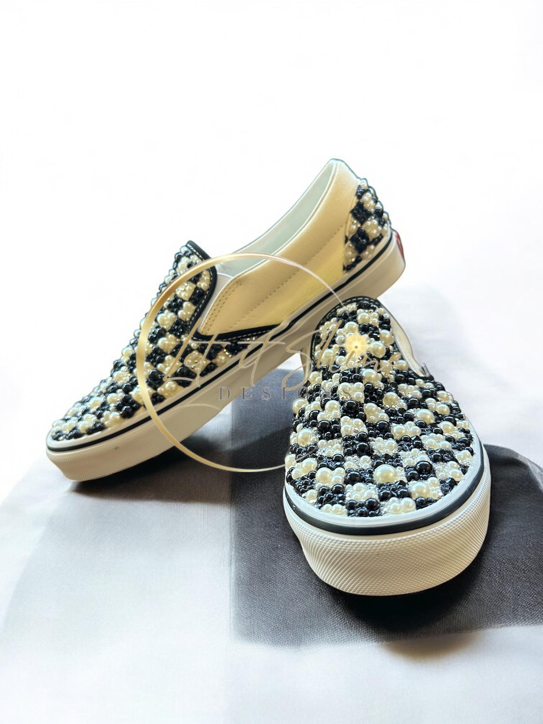 Custom Bling Checkerboard Vans, Rhinestone Pearl Slip-on Sneakers - Etsy