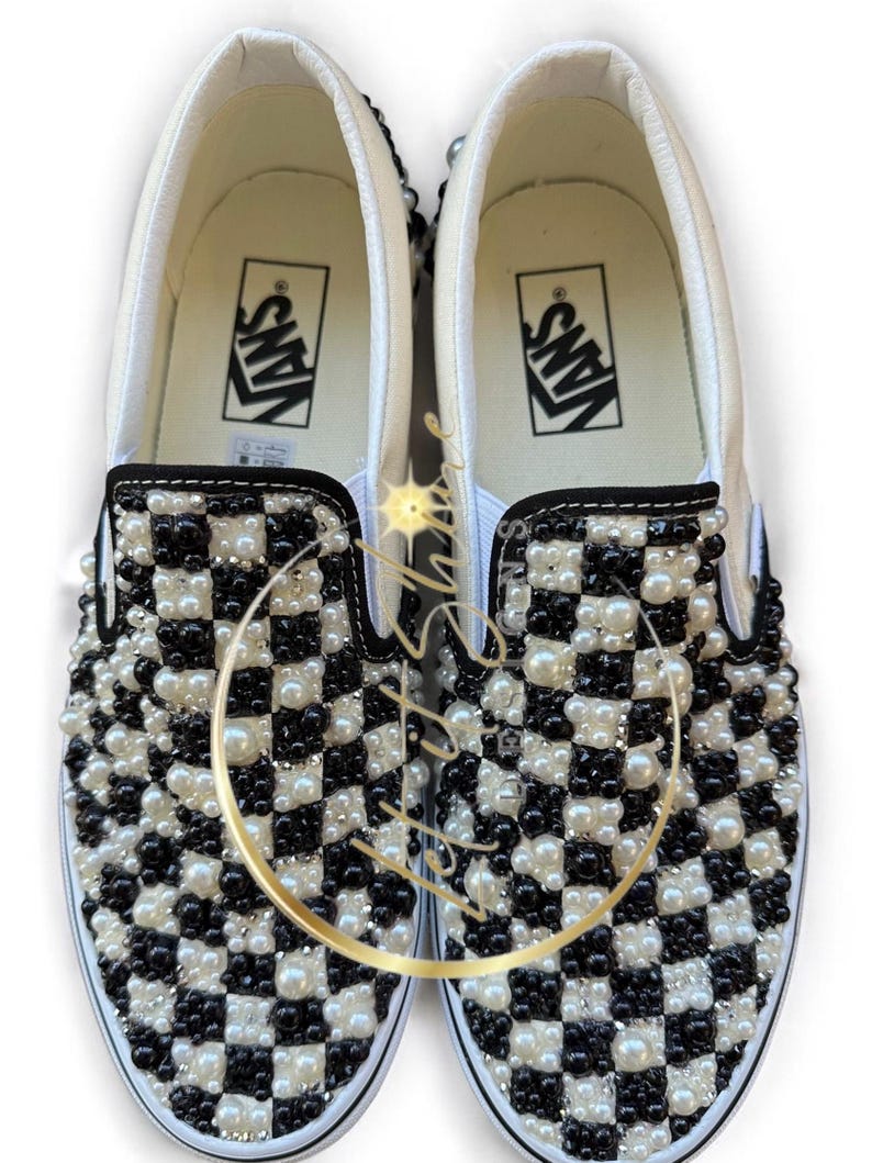 Custom Bling Checkerboard Vans, Rhinestone Pearl Slip-on Sneakers - Etsy
