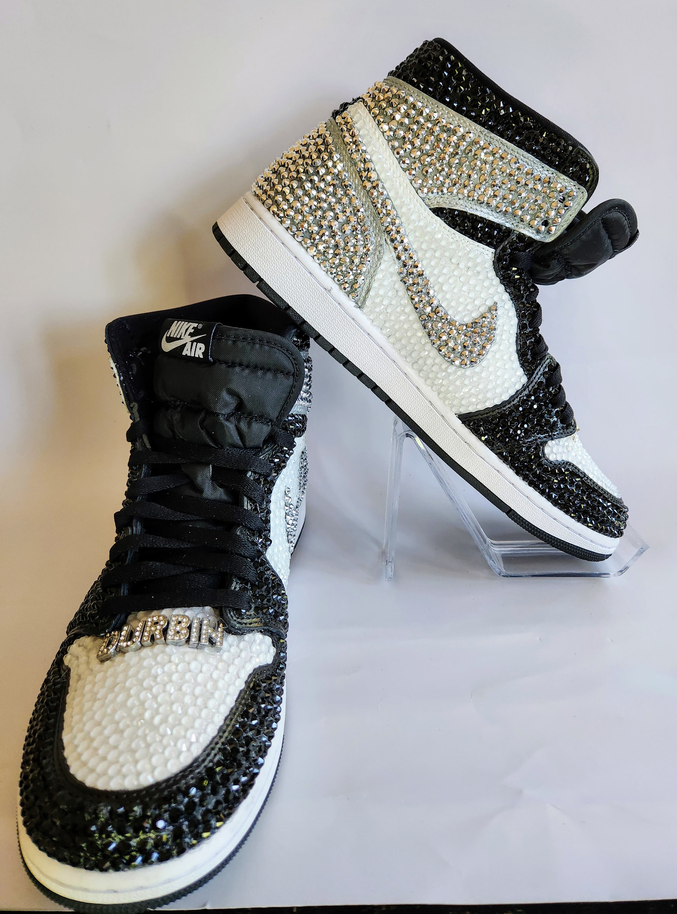 black and white glitter jordans