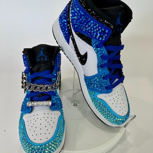 Blue and Black Jordan 1 mids with rhinestones, Bling Nikes, bedazzled trainers,  custom sneakers for prom, bat mitzvah, sneaker ball, wedding, birthday