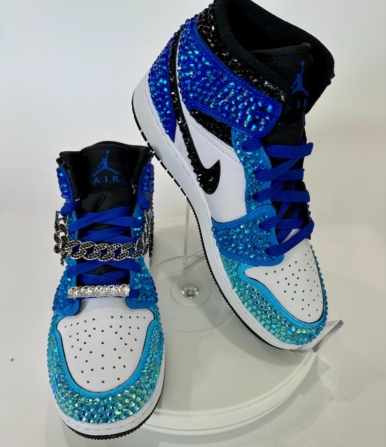 Blue and Black Jordan 1 mids with rhinestones, Bling Nikes, bedazzled trainers,  custom sneakers for prom, bat mitzvah, sneaker ball, wedding, birthday