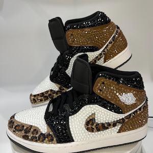 leopard print Jordan 1 mids with rhinestones, Bling Nikes, bedazzled trainers,  custom sneakers for prom, bat mitzvah, sneaker ball, wedding, birthday, animal print, hand painted