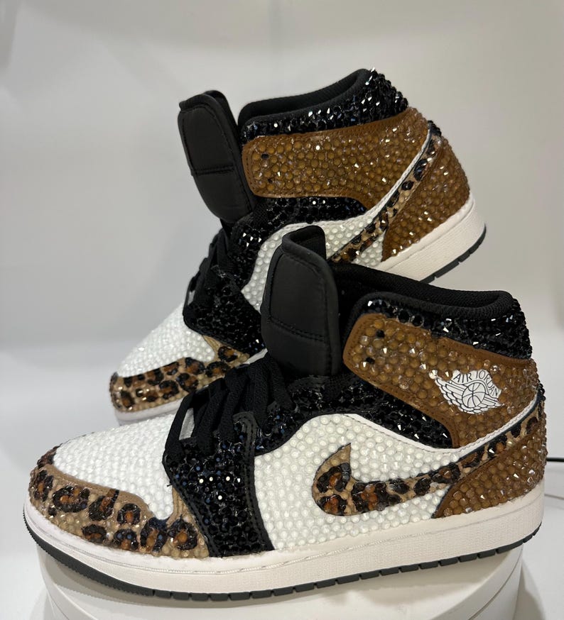 leopard print Jordan 1 mids with rhinestones, Bling Nikes, bedazzled trainers,  custom sneakers for prom, bat mitzvah, sneaker ball, wedding, birthday, animal print, hand painted