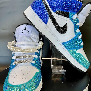 Blinged Jordan 1 Mid,  wedding sneaker,  groomsmen sneaker, Blue Nikes, Bedazzled Custom Sneakers, Sneaker Ball, Prom, Quincenera, Luxury Nikes, rhinestone shoes, sparkly shoes, custom trainers, Customized Jordans, sneaker head, luxury trainers