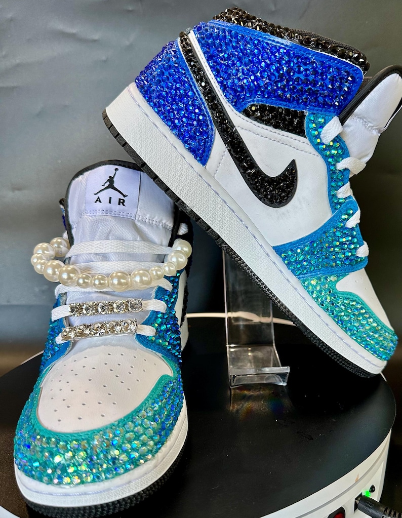 Blinged Jordan 1 Mid,  wedding sneaker,  groomsmen sneaker, Blue Nikes, Bedazzled Custom Sneakers, Sneaker Ball, Prom, Quincenera, Luxury Nikes, rhinestone shoes, sparkly shoes, custom trainers, Customized Jordans, sneaker head, luxury trainers