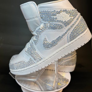 Blinged Jordan 1 Mids, wedding sneaker, bride shoe, groomsmen sneaker, White Nikes, Bedazzled Custom Sneakers, Sneaker Ball, Prom, Quincenera, Luxury Nikes, rhinestone shoes, sparkly shoes, custom trainers, Customized Jordans