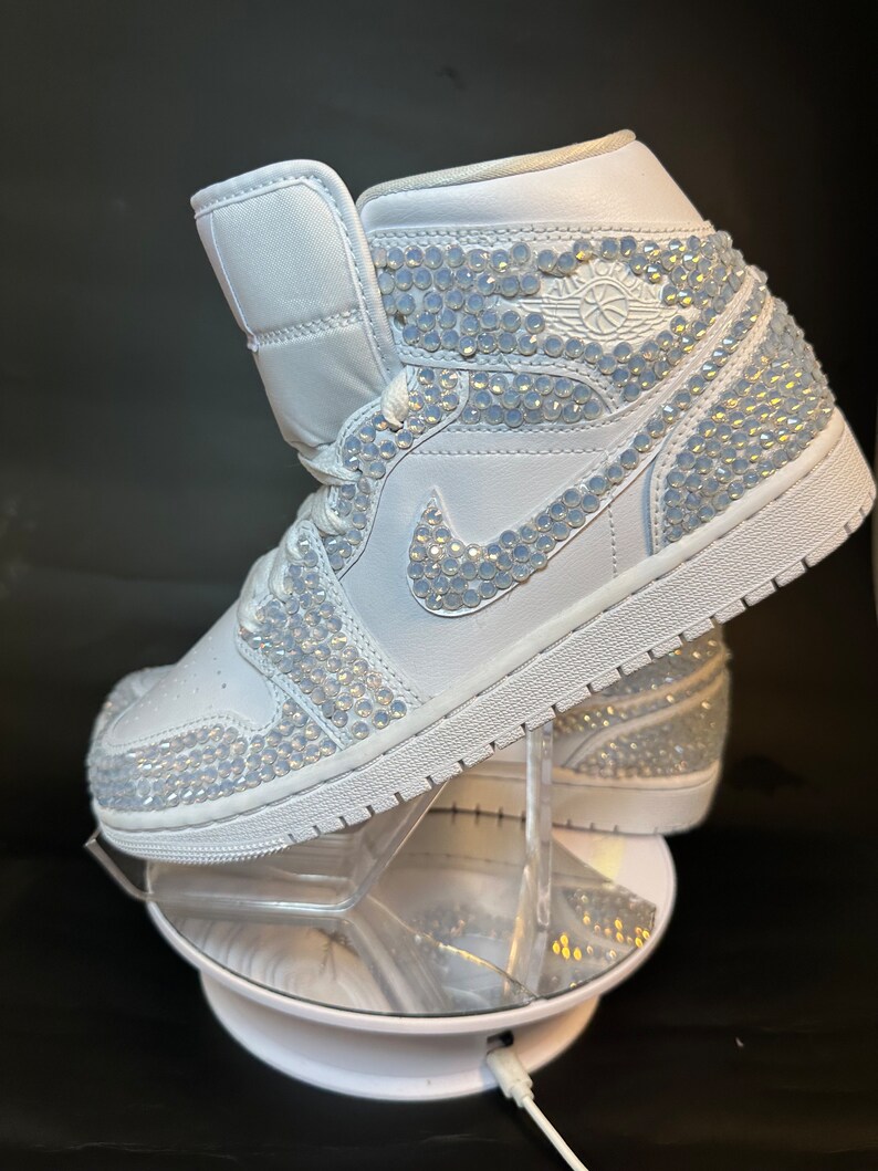 Blinged Jordan 1 Mids, wedding sneaker, bride shoe, groomsmen sneaker, White Nikes, Bedazzled Custom Sneakers, Sneaker Ball, Prom, Quincenera, Luxury Nikes, rhinestone shoes, sparkly shoes, custom trainers, Customized Jordans