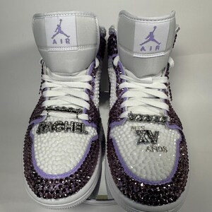 Bedazzled Purple Jordan 1 Mids Custom Rhinestone Sneakers, Bling Nikes, wedding shoes,  prom, sneaker ball, quinceanera