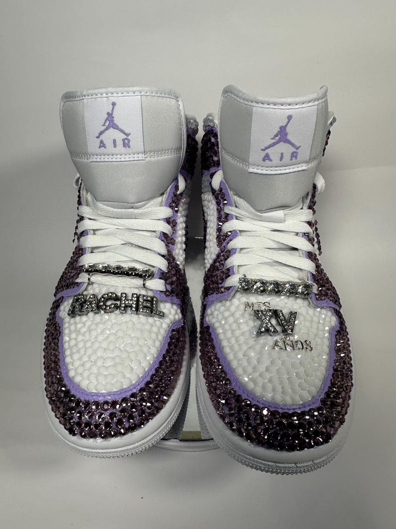Bedazzled Purple Jordan 1 Mids Custom Rhinestone Sneakers, Bling Nikes, wedding shoes,  prom, sneaker ball, quinceanera