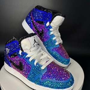 Fully Blinged Jordan 1 Mids- Ombré Colors, Custom Rhinestone Sneakers, Bedazzled Nikes, Teen Gift, prom, quinceanera, Toddler Kid Adult