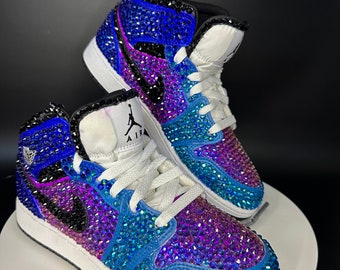 Jordan 1 Mid- Blue and Purple Rhinestone Sneakers, Bedazzled Nikes