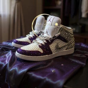 Rhinestone Jordans,  purple, silver bling Sneakers, Bedazzled Nikes, Bejeweled footwear