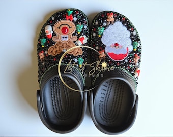 Holiday  Crocs, custom rhinestone Christmas Crocs, black, white. red or green bling clogs