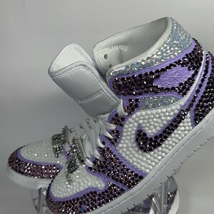 Bedazzled Purple Jordan 1 Mids Custom Rhinestone Sneakers, Bling Nikes, wedding shoes,  prom, sneaker ball, quinceanera