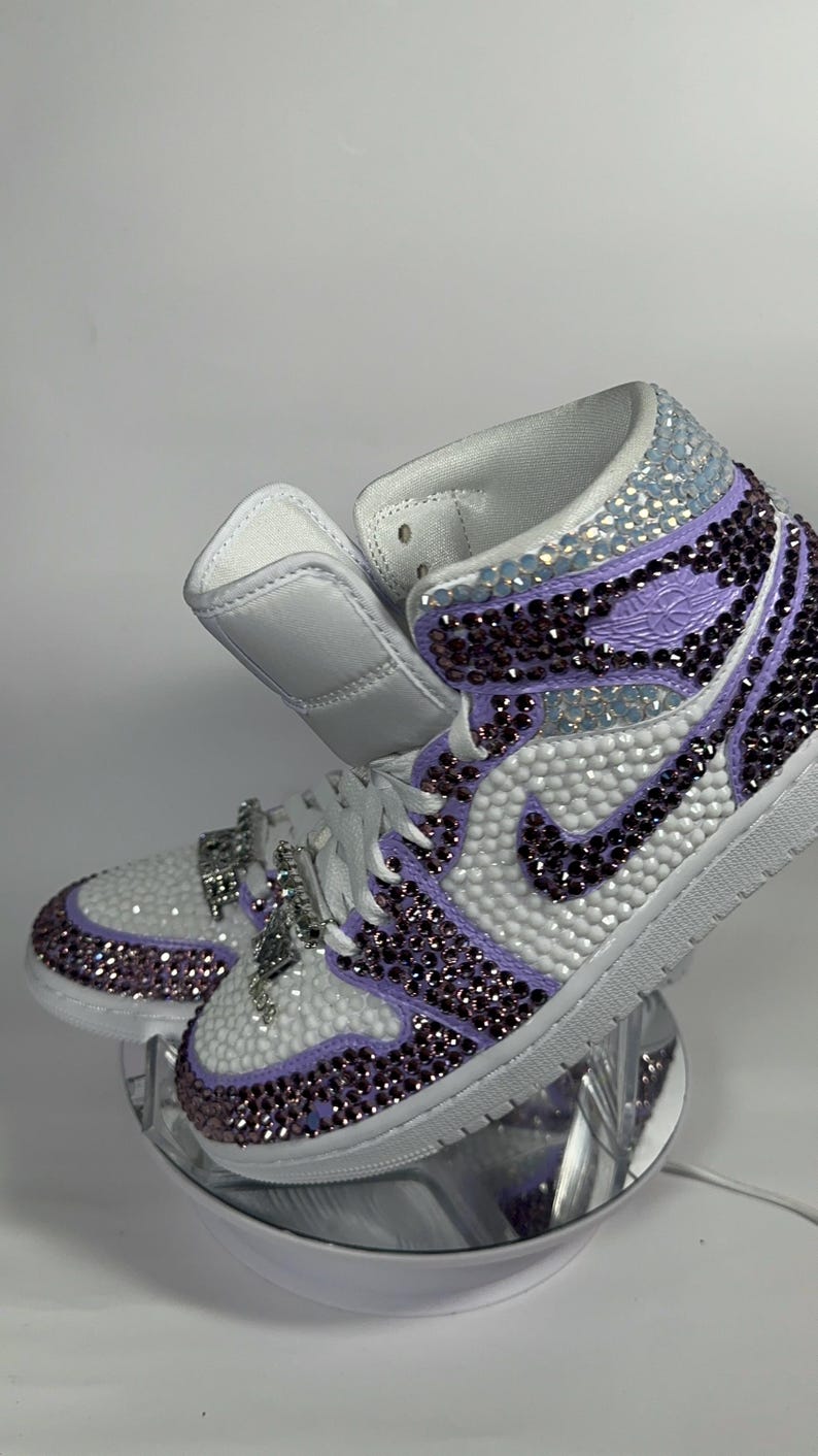 Bedazzled Purple Jordan 1 Mids Custom Rhinestone Sneakers, Bling Nikes, wedding shoes,  prom, sneaker ball, quinceanera