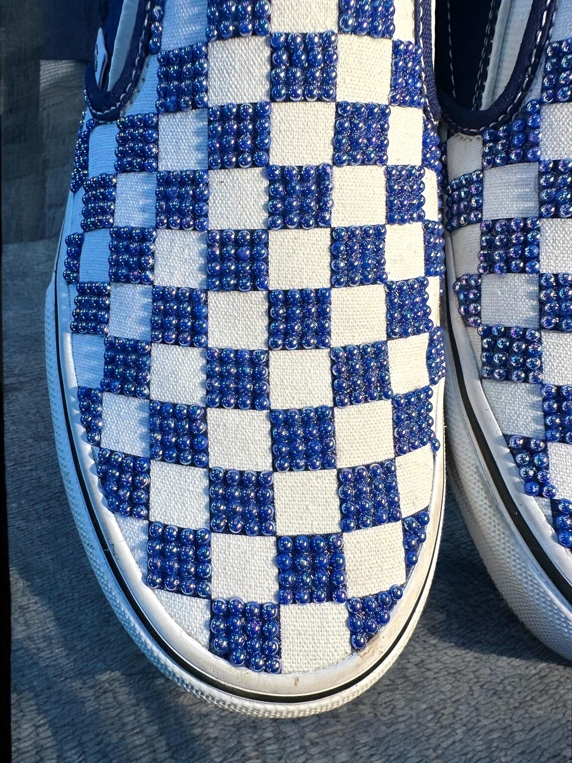 Custom Bling Checkerboard Vans Rhinestone Pearl Sneakers Slip on Shoes ...