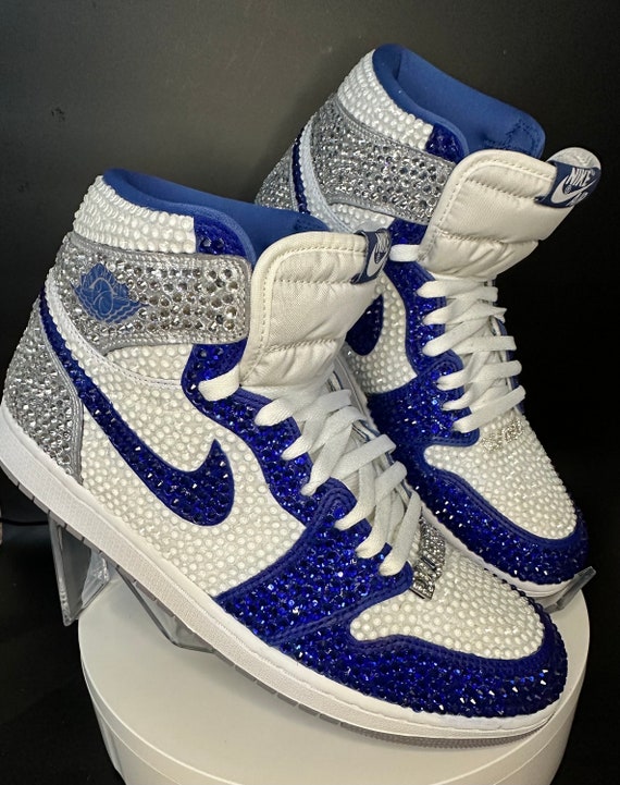 Authentic Fully Blinged Air Jordan 1 High OG or Mids Blue Custom Rhinestone Sneakers Bedazzled Nikes Wedding Shoe Sneaker Ball Etsy