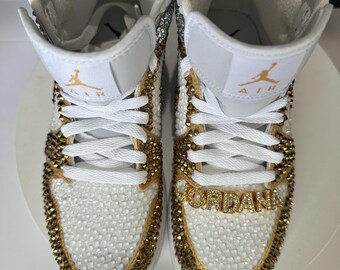 Gold Rhinestone Jordan Mids, Custom Rhinestone Sneakers