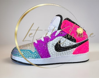 Blue Pink and Purple Rhinestone Sneakers, Colors fully customizable, Bedazzled Nikes, Bling Jordans