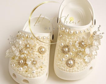White Floral Bling Wedding Clogs, custom rhinestone Cinderella clogs, bedazzled footwear