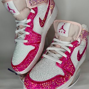 Fully Blinged Jordan 1 Mids- Pink, Custom Rhinestone Sneakers, Bedazzled Nikes, Teen Gift, prom, quinceanera, Toddler Kid Adult