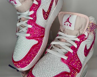 Fully Blinged Jordan 1 Mids- Pink, Custom Rhinestone Sneakers, Bedazzled Nikes, Teen Gift, prom, quinceanera, Toddler Kid Adult