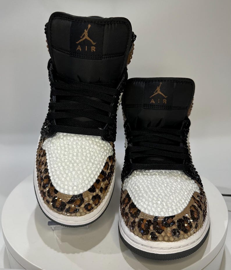 leopard print Jordan 1 mids with rhinestones, Bling Nikes, bedazzled trainers,  custom sneakers for prom, bat mitzvah, sneaker ball, wedding, birthday, animal print, hand painted