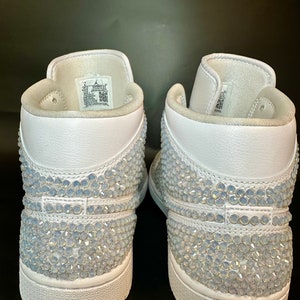 Blinged Jordan 1 Mids, wedding sneaker, bride shoe, groomsmen sneaker, White Nikes, Bedazzled Custom Sneakers, Sneaker Ball, Prom, Quincenera, Luxury Nikes, rhinestone shoes, sparkly shoes, custom trainers, Customized Jordans