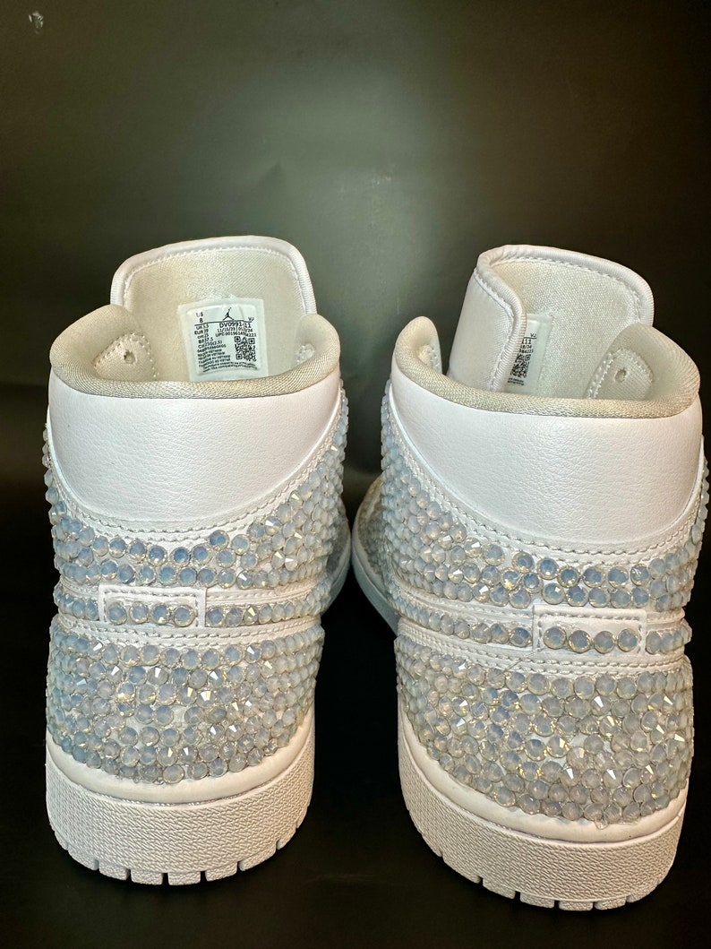 Blinged Jordan 1 Mids, wedding sneaker, bride shoe, groomsmen sneaker, White Nikes, Bedazzled Custom Sneakers, Sneaker Ball, Prom, Quincenera, Luxury Nikes, rhinestone shoes, sparkly shoes, custom trainers, Customized Jordans