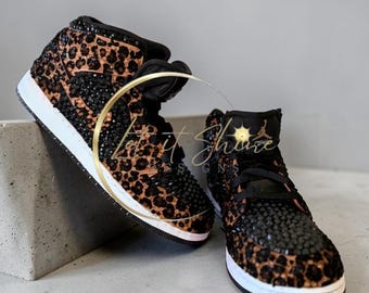 Animal Print Bling Jordan 1 Mids, Custom hand painted Rhinestone Sneakers, Bedazzled Nikes, Leopard, zebra, giraffe, cow, tiger