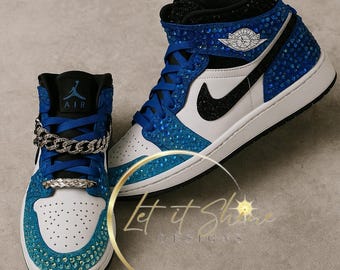 Blue Jordan 1 Mid, Custom Rhinestone Sneakers, Bedazzled Nikes, Teen Gift, prom shoe, sneaker ball, quinceanera, Bat mitzvah