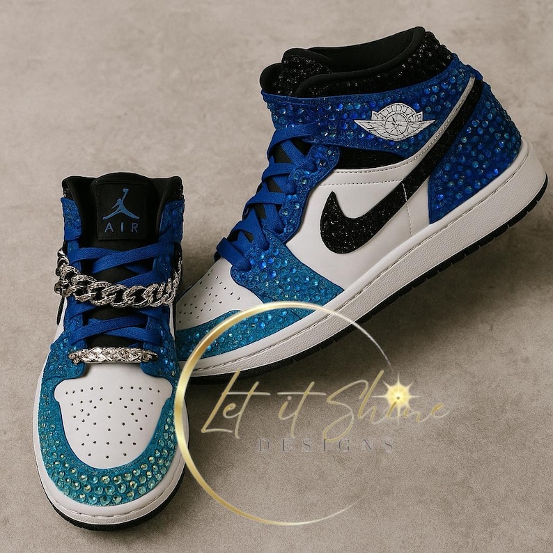 Blue Jordan 1 Mid, Custom Rhinestone Sneakers, Bedazzled Nikes image 1